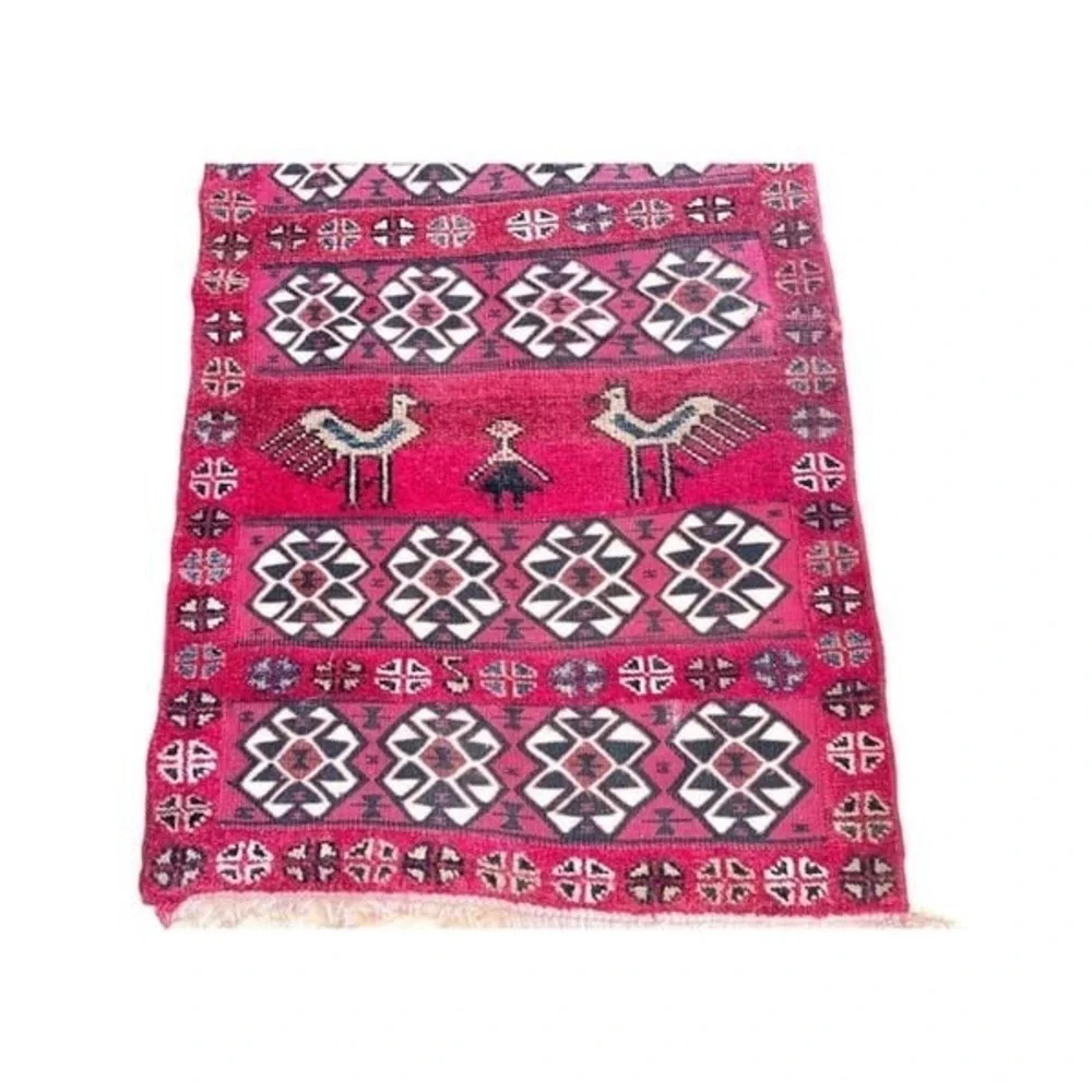 Vintage Hand-Knotted Wool Red Geometric Birds Ethnic Carpet Rug Kilim 54